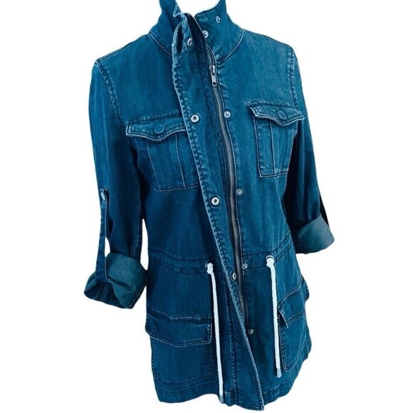 I❤️Ronson chambray tab sleeve drawstring waist zip/snap front jacket size XS - Picture 3 of 9